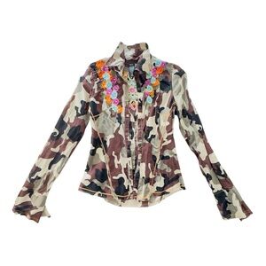 Floral Embroidered Camouflage Button Down Shirt